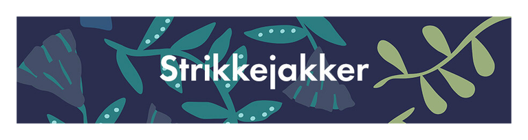 Et blått mønster med teksten «Strikkejakker» i hvitt. 