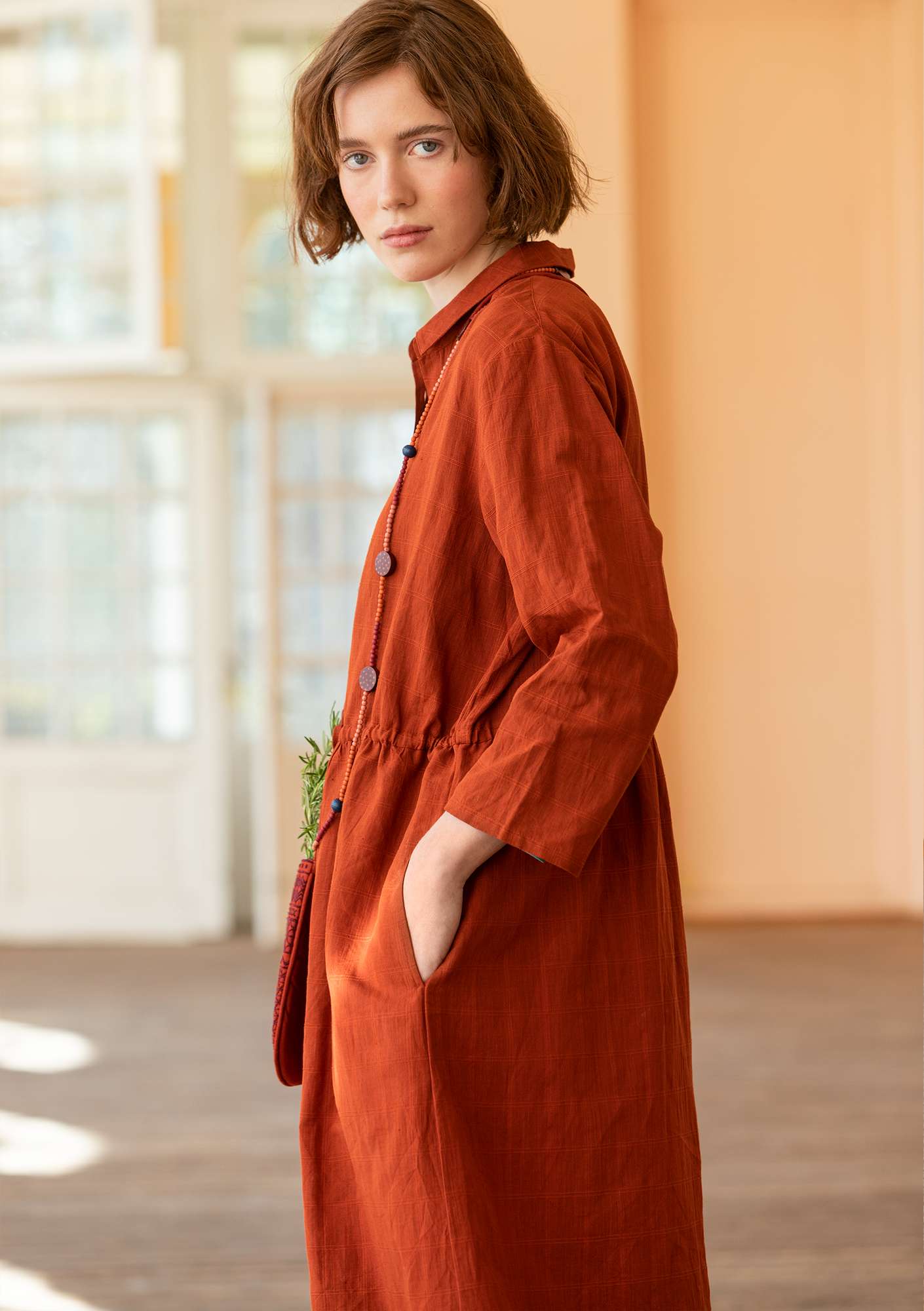 Woven organic cotton/linen dress rust