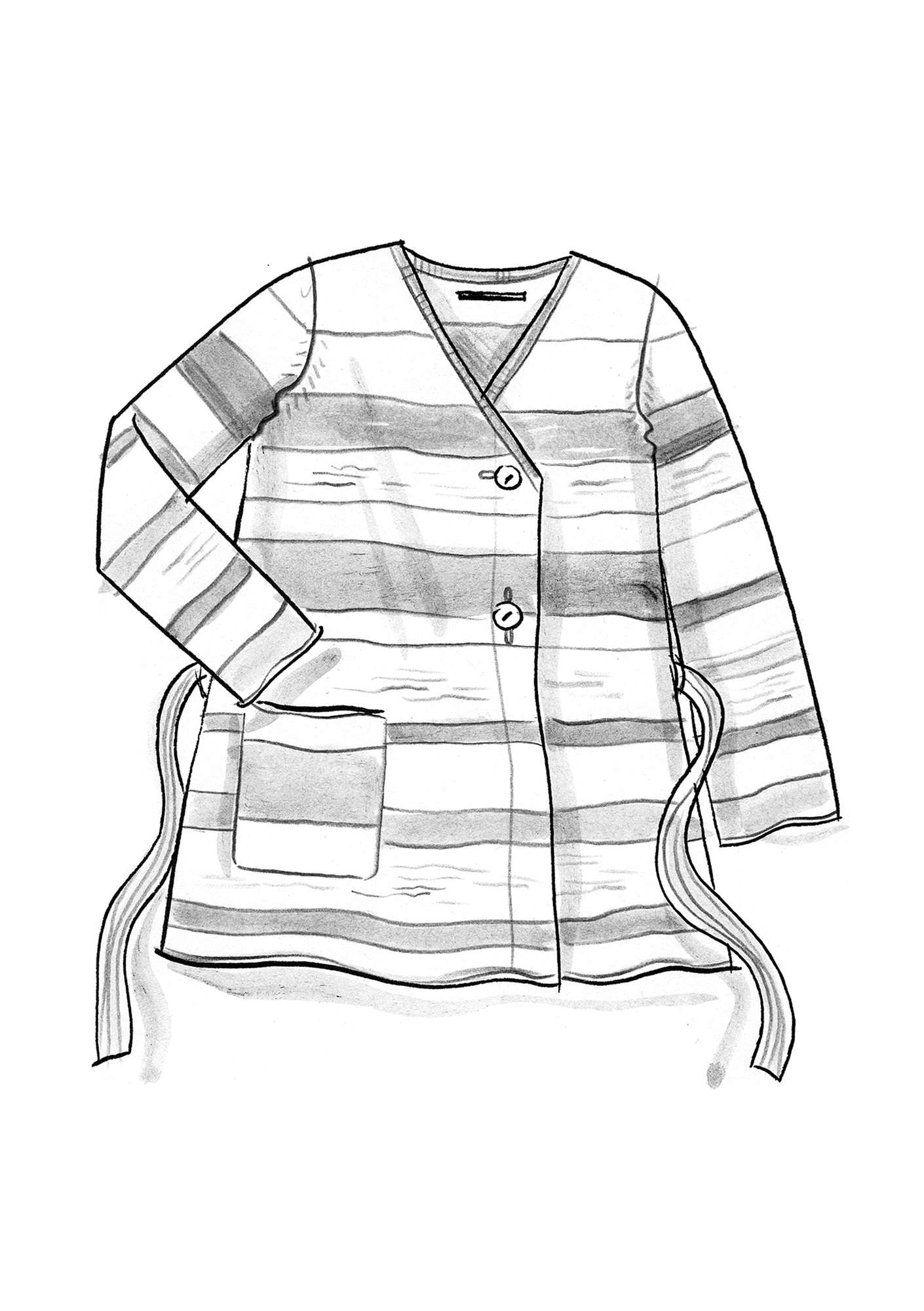 Ensfarget og stripete omslagsjakke i tovet ull mønstret/svart