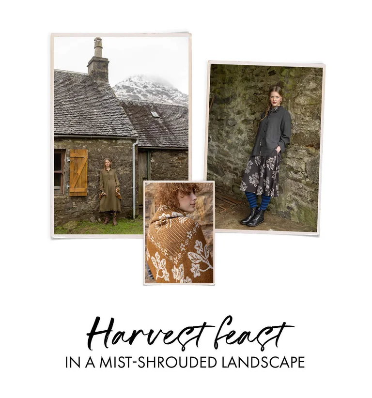 A collage with a woman standing by an old house wearing layers of clothing from Gudrun Sjödén, a woman standing by a stone wall wearing layers of clothing from Gudrun Sjödén and a closeup of a woman wearing a scarf from Gudrun Sjödén.