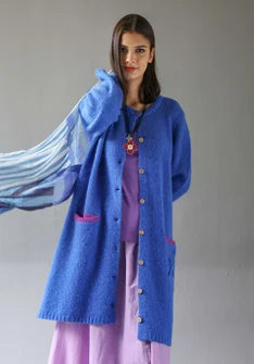 Long gilet "Tulipe" en alpaga mélangé - bleu saphir