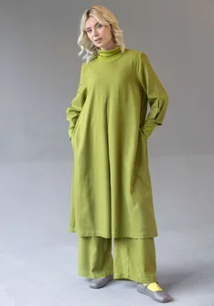 “Elin” dotted/solid-colour viscose/linen dress - green pepper