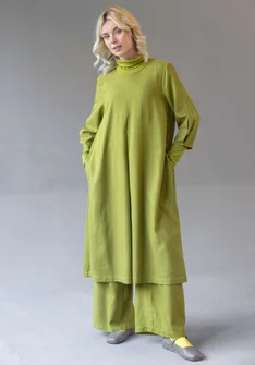 “Elin” dotted/solid-colour viscose/linen dress - green pepper