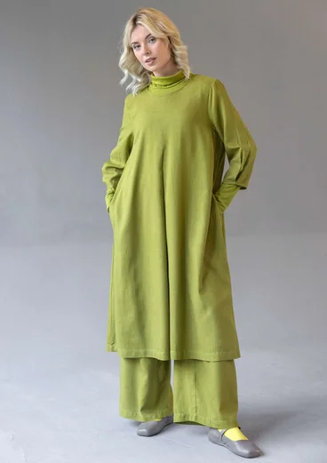“Elin” dotted/solid-colour viscose/linen dress - green pepper