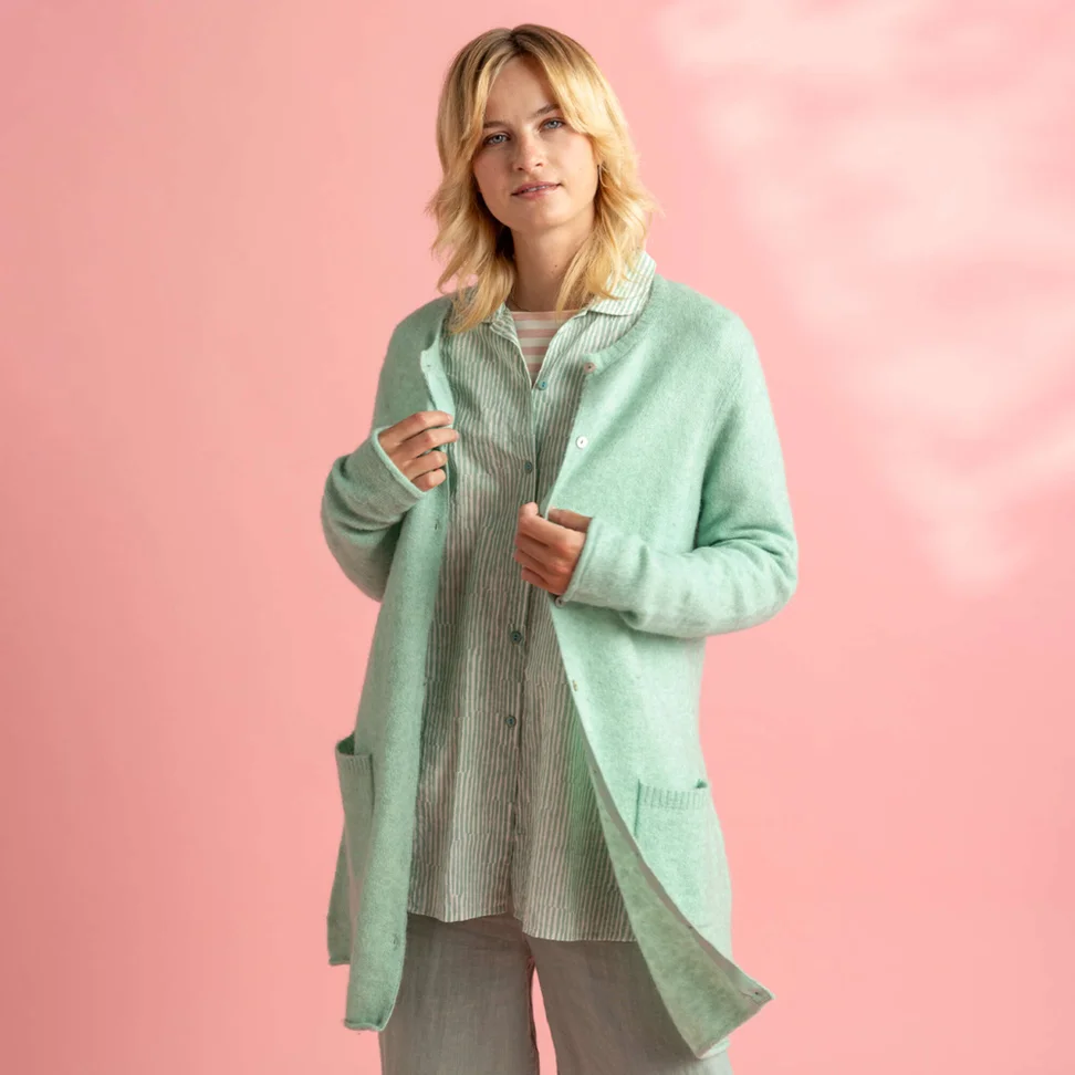 Gilet long en laine/coton/alpaga - menthe poivrée