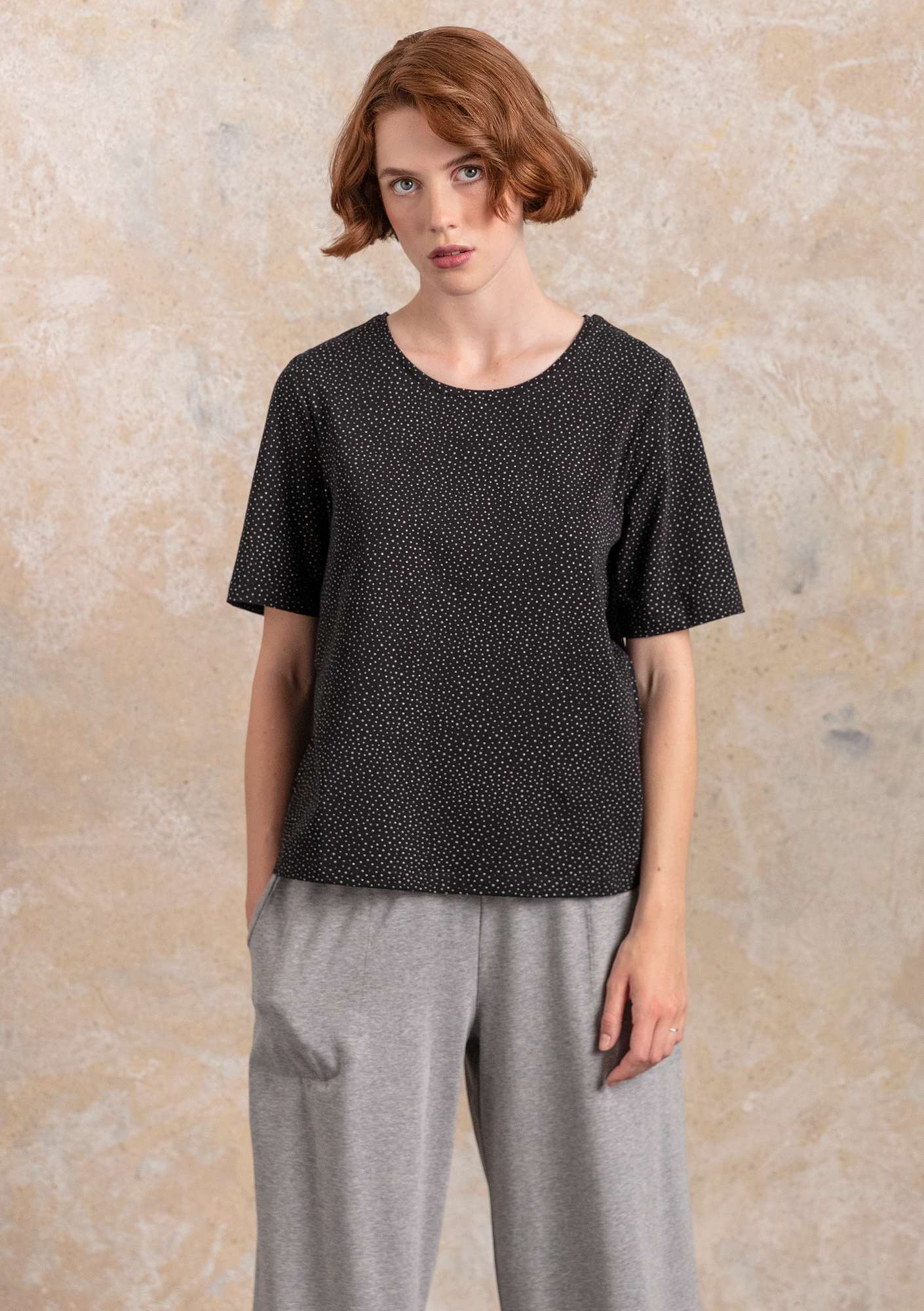 “Iliana” T-shirt in organic cotton/spandex black/patterned thumbnail