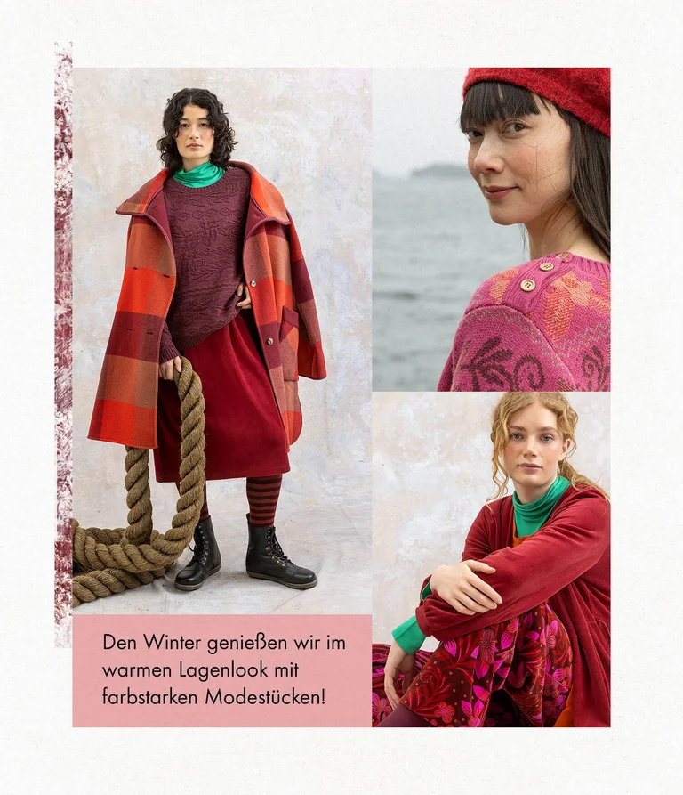 Eine Collage mit Bildern von Frauen in farbenfroher Mode aus Gudrun Sjödéns Winterkollektion.
