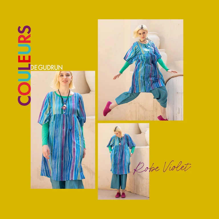 Un collage de photos sur fond jaune avec des images de femmes portant des vêtements provenant de la collection Paris de Gudrun Sjödén.