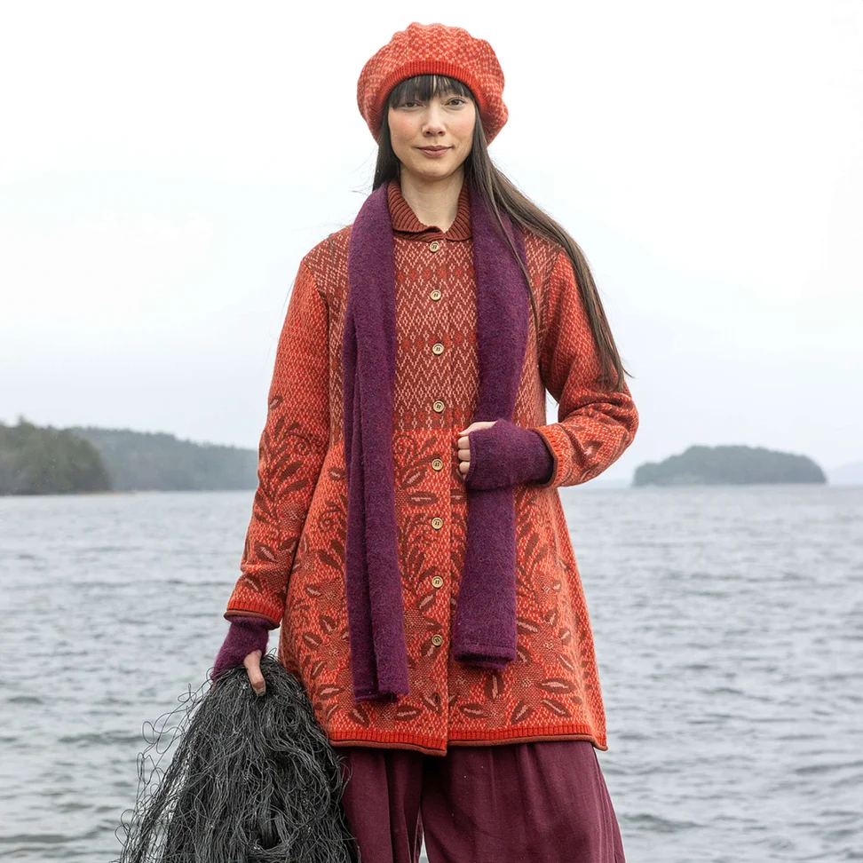 “Nova Scotia” long cardigan in lambswool - copper/patterned