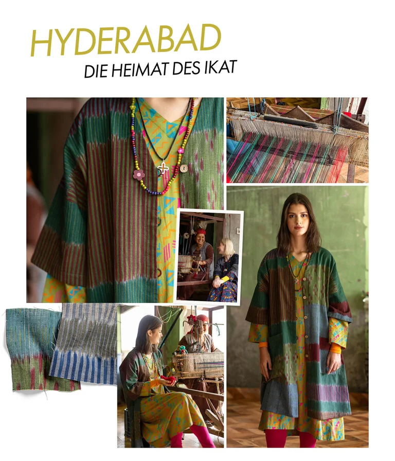 A collage of women wearing patterned clothing from Gudrun Sjödén.