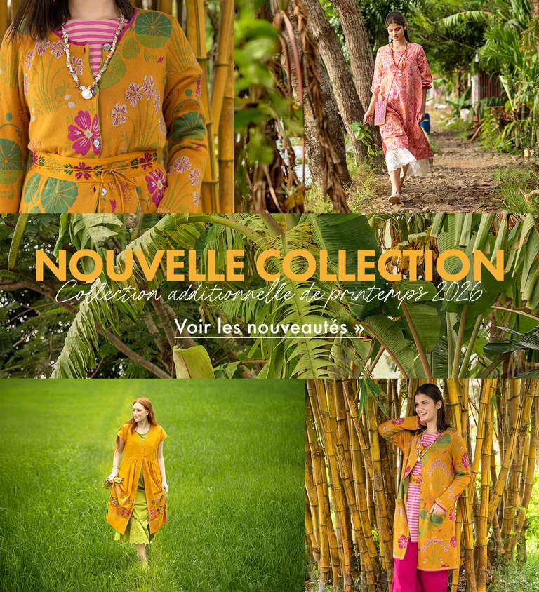Un collage avec des femmes portant des vêtements jaunes à motifs provenant de la collection additionnelle de printemps 2026 de Gudrun Sjödén. Le collage intègre également un zoom sur une feuille de palmier et un motif brodé. 