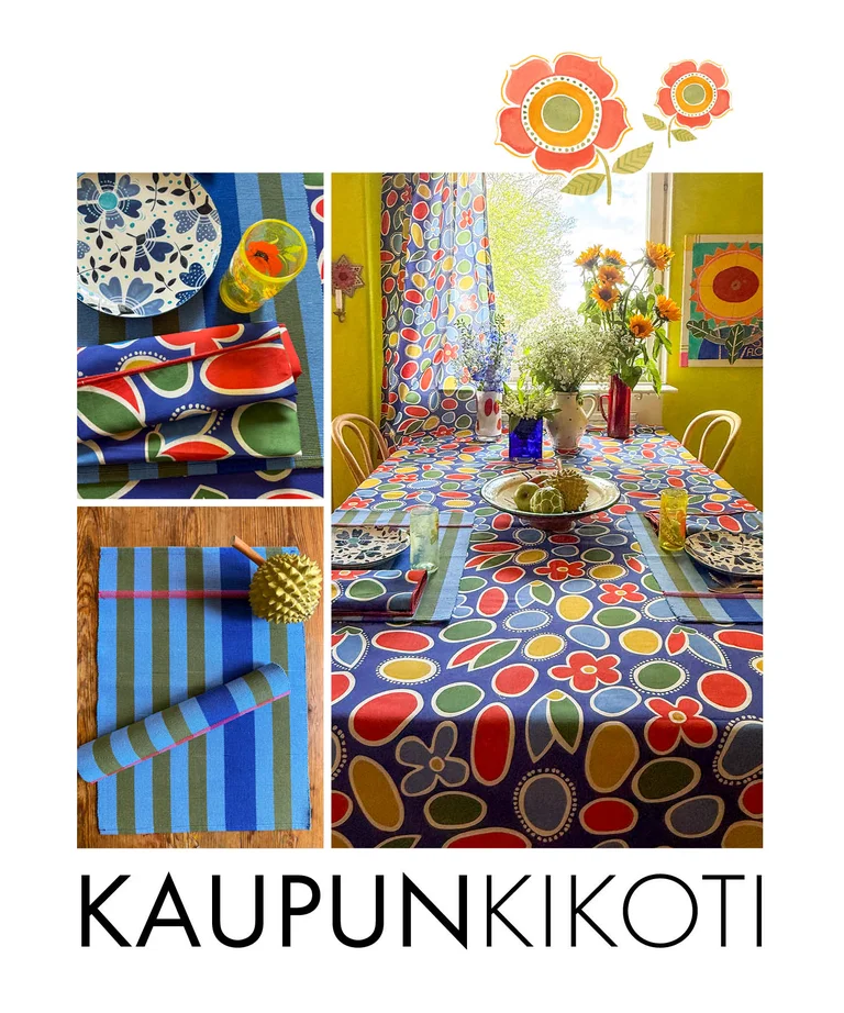 A collage with colorful and patterned home textiles in a kitchen. The collage is decorated with images of watercolor flowers. 