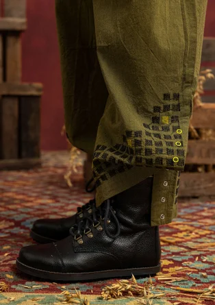 “Fields” embroidered organic cotton trousers - dark olive