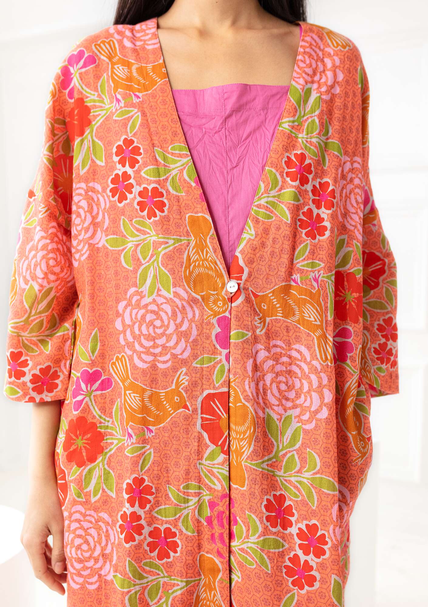 “Paraquite” kimono in organic cotton papaya thumbnail