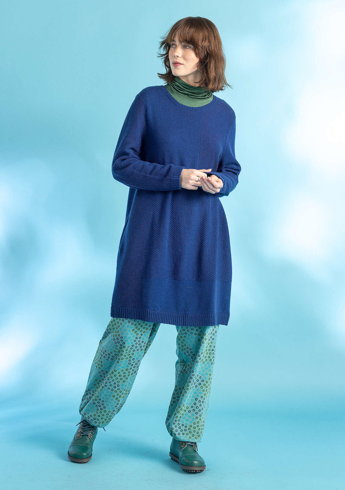 Knit tunic in wool/cotton indigo blue