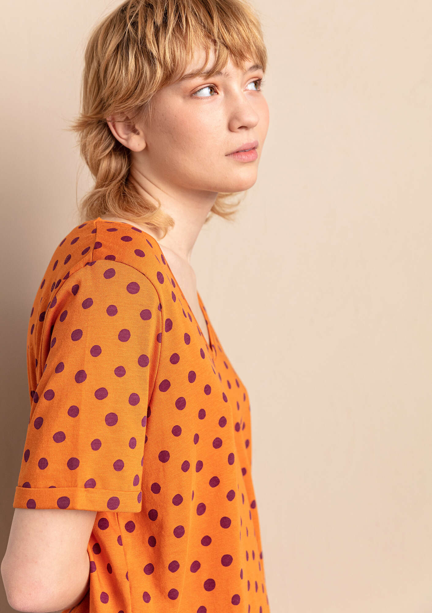 “Juliet” jersey top in organic cotton/modal burnt orange/patterned thumbnail