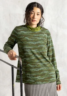 “Mona” organic cotton/elastane jersey top - forest green/patterned
