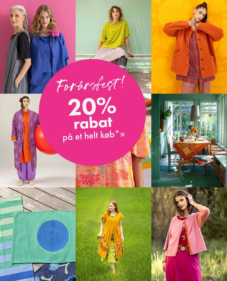 En farverig fotocollage med tøj og boligindretning fra Gudrun Sjödén.