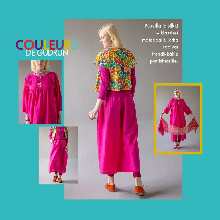 Turkoosilla taustalla kuvakollaasi, jossa on kuvia naisista, jotka ovat pukeutuneet Gudrun Sjödénin Paris-malliston vaatteisiin.