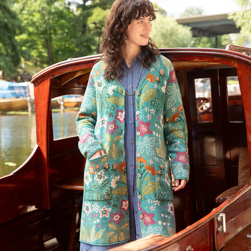 Langstrickjacke „Millefiori“ aus Wolle/Bio-Baumwolle - teal
