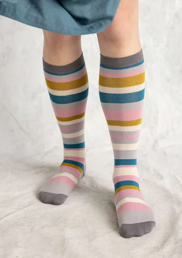Striped organic cotton knee-highs - chalk pink