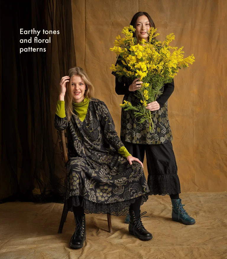Two women next to each other wearing layers of clothing in shades of black and gray from Gudrun Sjödén.