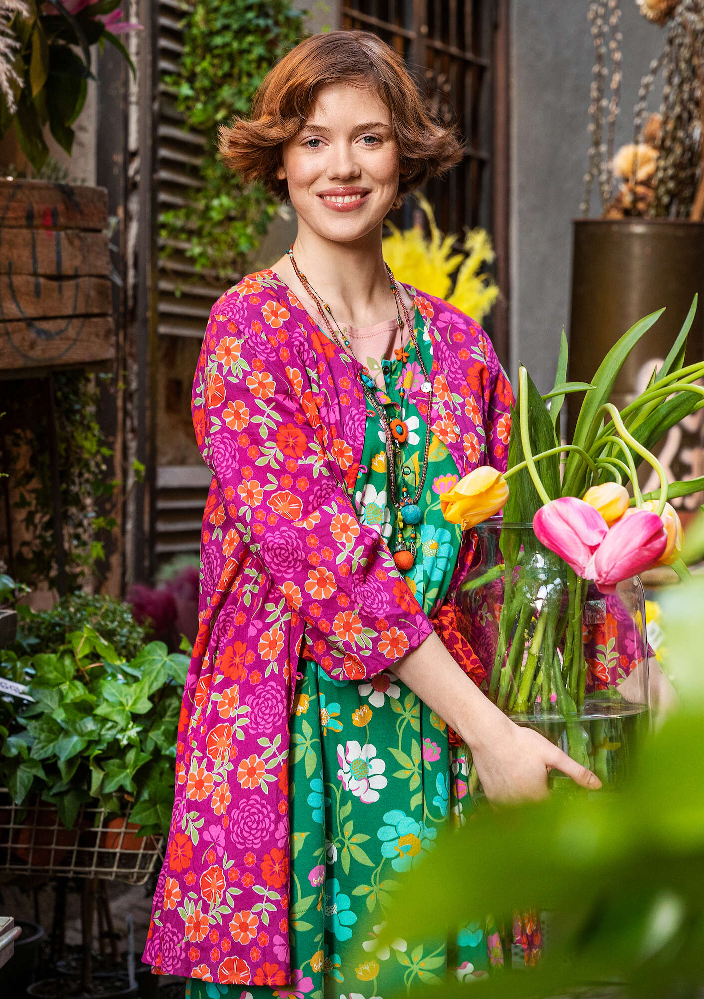 Vevd tunika «Bouquet» i økologisk bomull rosa orkidé thumbnail