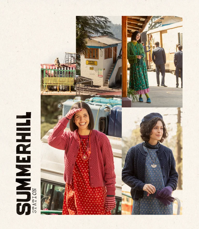A collage of pictures of women wearing clothing from Gudrun Sjödén combined with pictures from India.