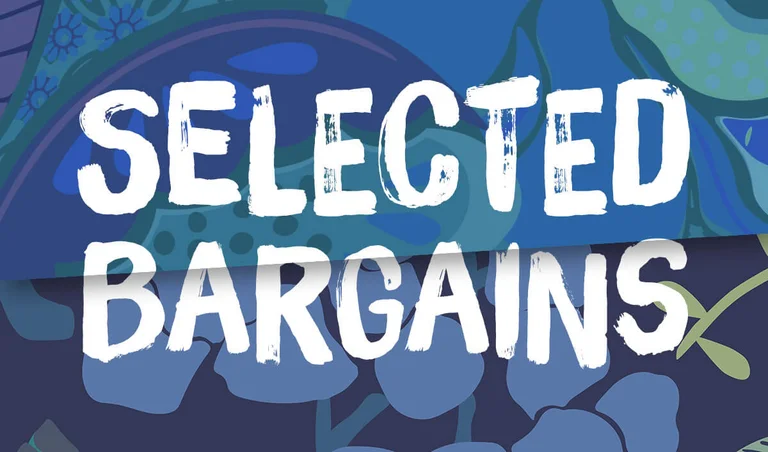 A graphic-style pattern in different colors with the text SELECTED BARGAINS in white.