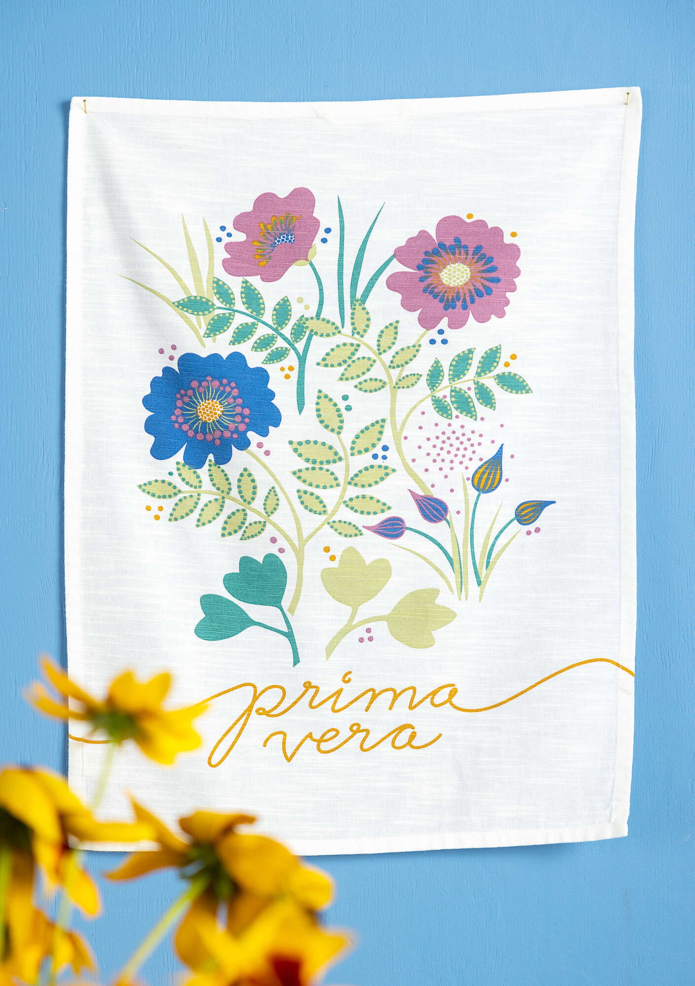  “Primavera” organic cotton tea towel flax blue