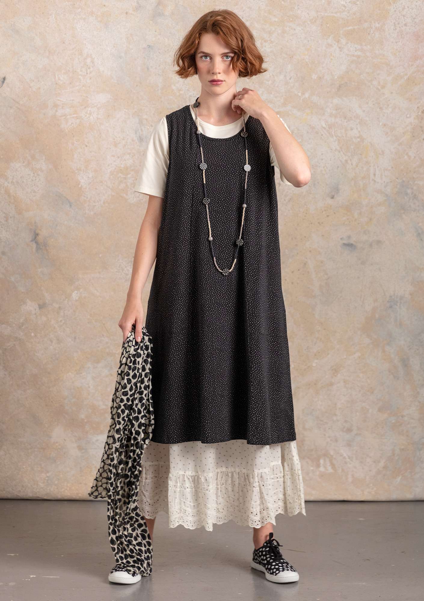 “Iliana” jersey dress in organic cotton/spandex black/patterned thumbnail