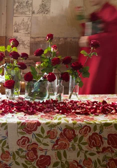 “Roses” linen tablecloth - coral