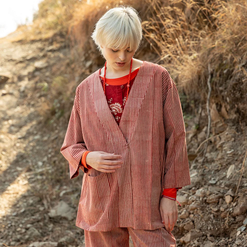 “Willow” woven kimono in organic cotton - henna