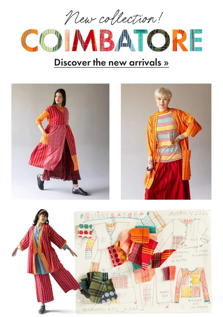 A collage of different sized pictures of women wearing colourful clothes from Gudrun Sjödén’s 2026 Autumn collection. The collage includes fabric snippets in different colours and a spread in Gudrun’s sketchpad.