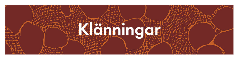 Ett mörkrött mönster med texten ”Klänningar” i vitt.