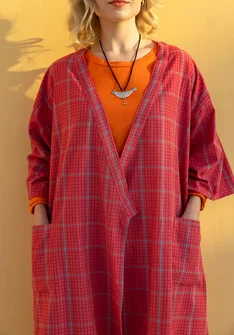 Geruite kimono "Coimbatore" van biologisch katoen - flamingo