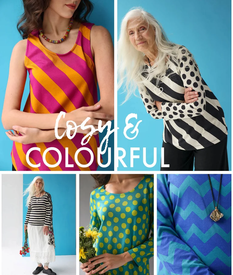 A collage of women wearing clothes with geometric patterns. 