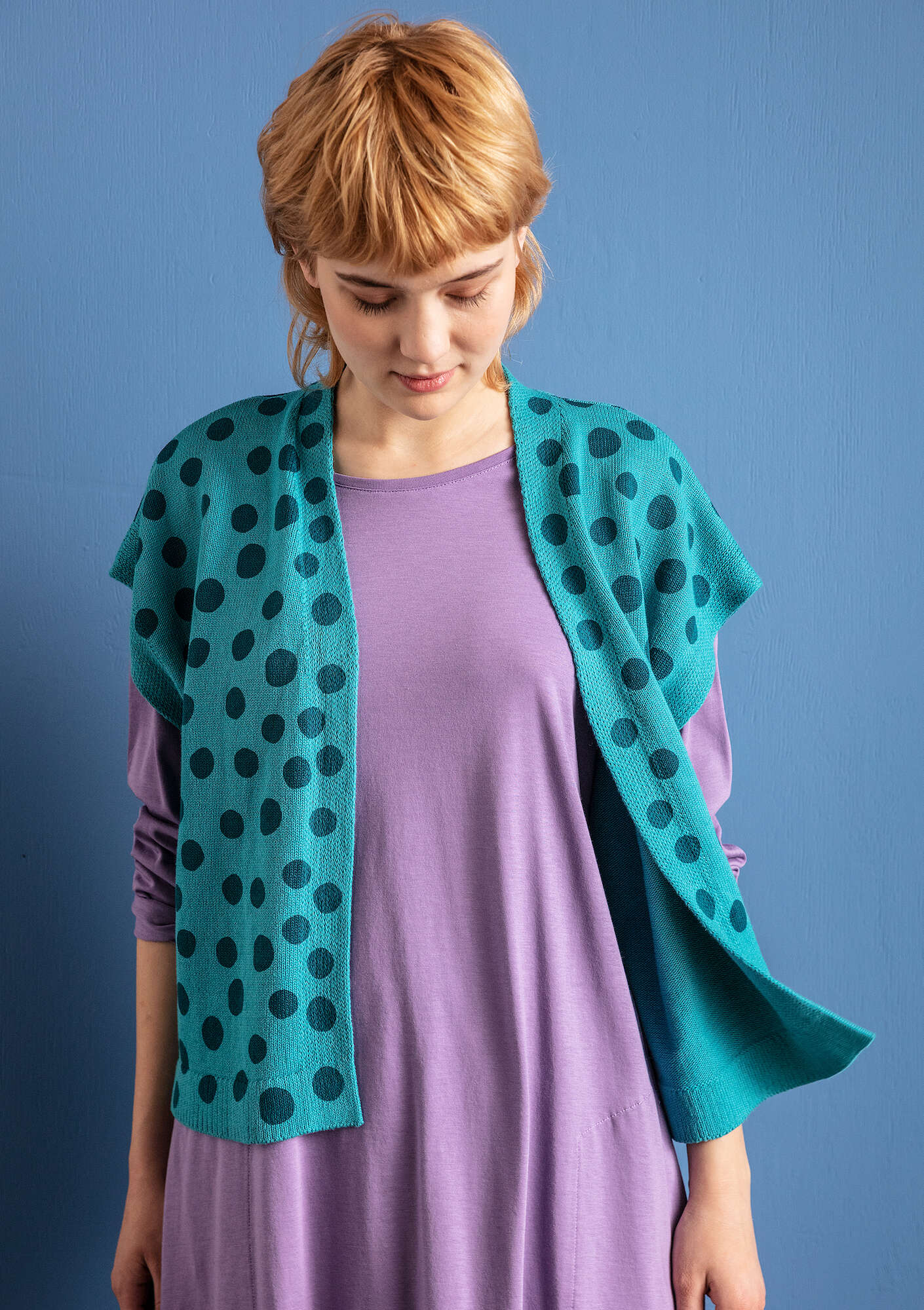“Cordelia” knitted waistcoat in recycled cotton turquoise/petrol blue thumbnail