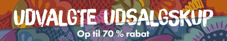 Et grafisk mønster i forskellige farver med teksten UDVALGTE UDSALGSKUP op til 70 % rabat i hvid.