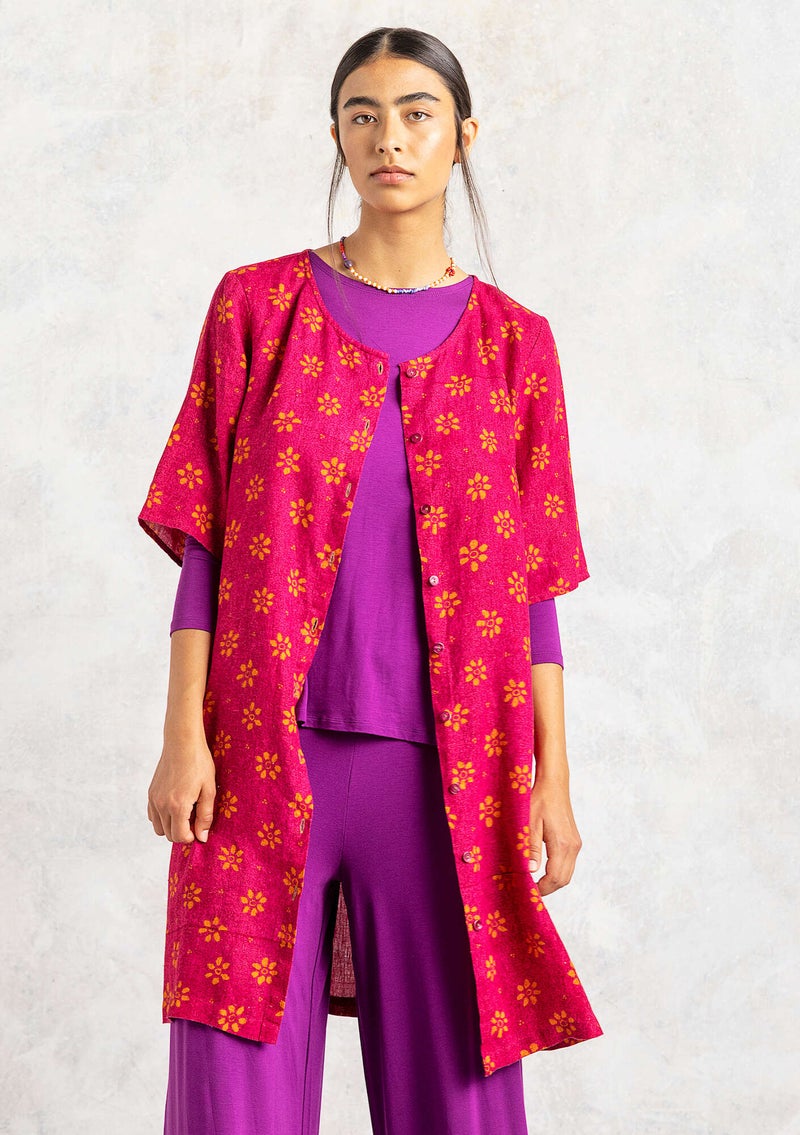 “Ester” dress in woven linen cyclamen/patterned