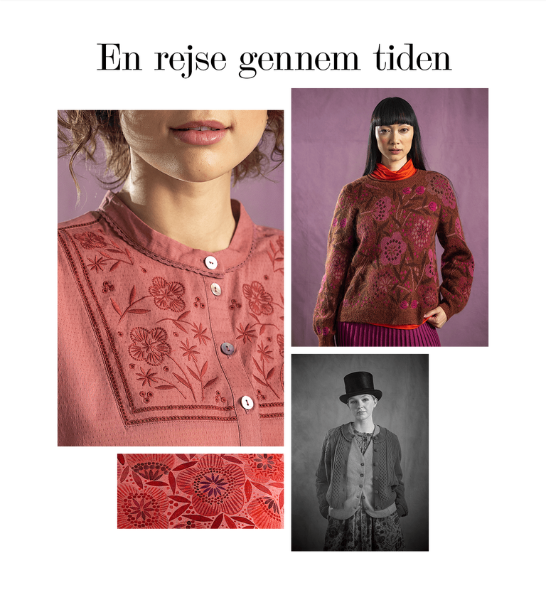 A collage of women wearing clothing from Gudrun Sjödén and a picture that looks like an old photo of a woman in a top hat. The collage also has a closeup of patterned red fabric.