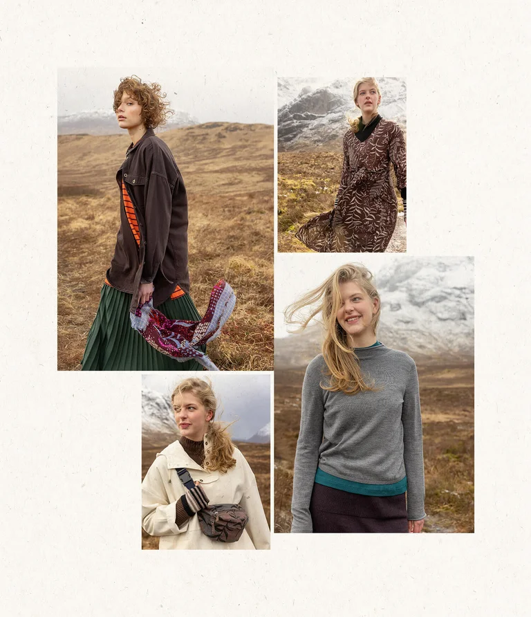 A collage of pictures of women wearing clothing in earth tones from Gudrun Sjödén.
