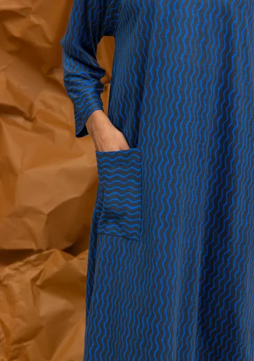 “Ellen” striped/solid-colour organic cotton/modal jersey dress - ink blue/patterned
