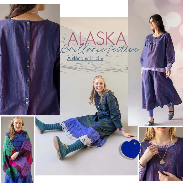 Un collage avec des femmes portant des vêtements bleu-violet provenant de la collection de Noël 2025 de Gudrun Sjödén. 