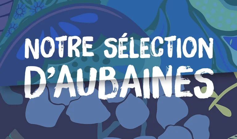 Un motif graphique aux couleurs variées avec le texte SÉLECTION D'AUBAINES en blanc.