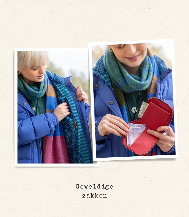A collage of two different pictures of a woman in a blue down jacket and scarf from Gudrun Sjödén, taking a leather wallet from her inner pocket.