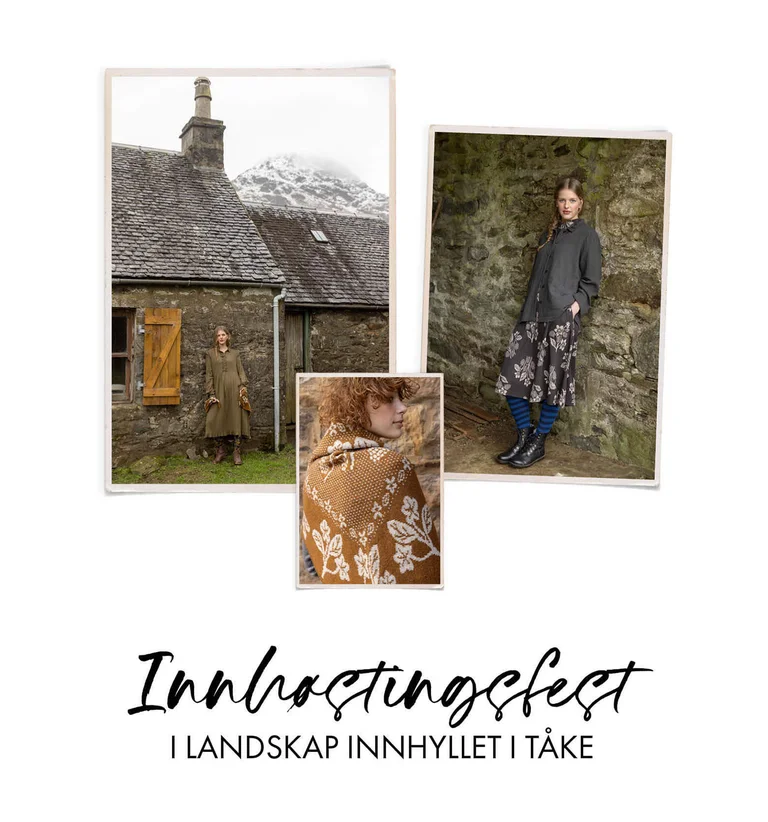 A collage with a woman standing by an old house wearing layers of clothing from Gudrun Sjödén, a woman standing by a stone wall wearing layers of clothing from Gudrun Sjödén and a closeup of a woman wearing a scarf from Gudrun Sjödén.