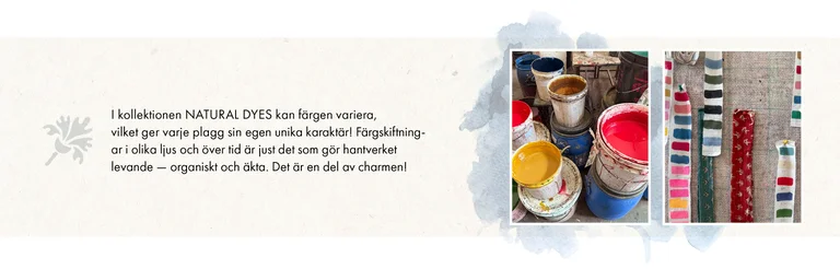 A collage with two different images of dye vats and fabric lengths in various colours. The collage also contains a geometric flower and kraft paper background. 