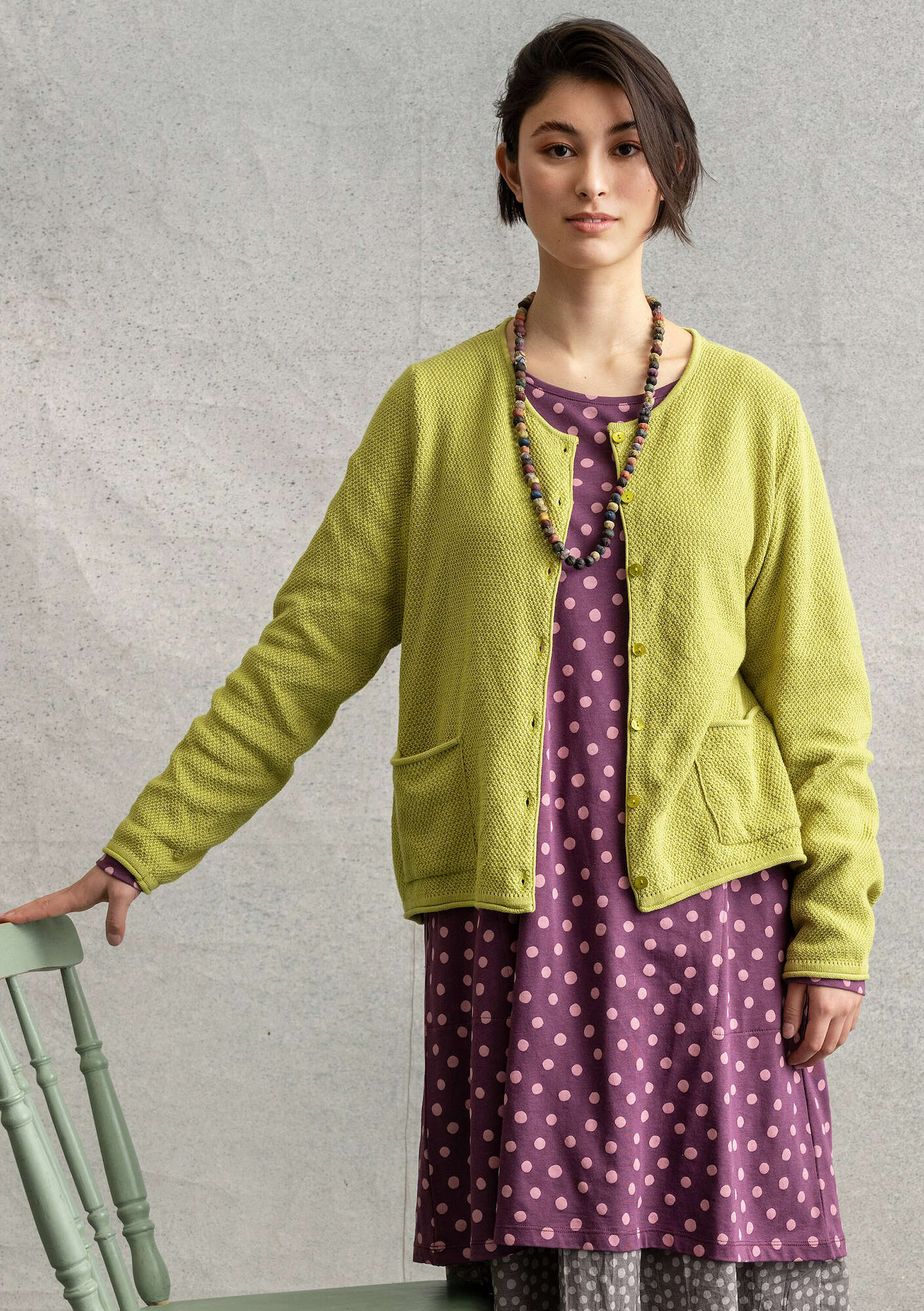Moss-stitch knit cardigan in recycled cotton guava
