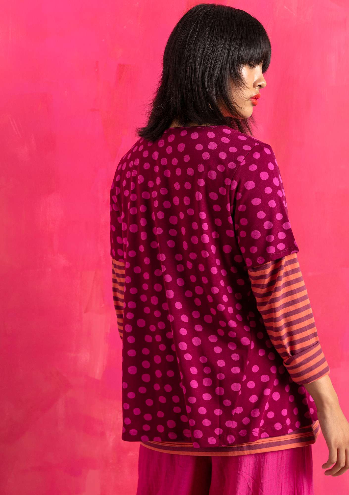 “Cordelia” top in organic cotton/modal purple red/patterned thumbnail